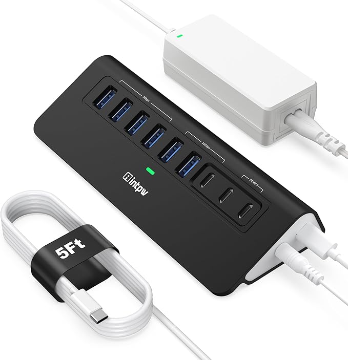 Powered USB Hub 10Gbps, intpw YH6AC 9-Port USB HUB with USB A/USB C 3.2, 4 USB 3.0, 2 PD 45W Charging Port, 65W Power Adapter + 5FT Cable, Aluminum USB Hub for Laptop, PC,iPhone 17/16