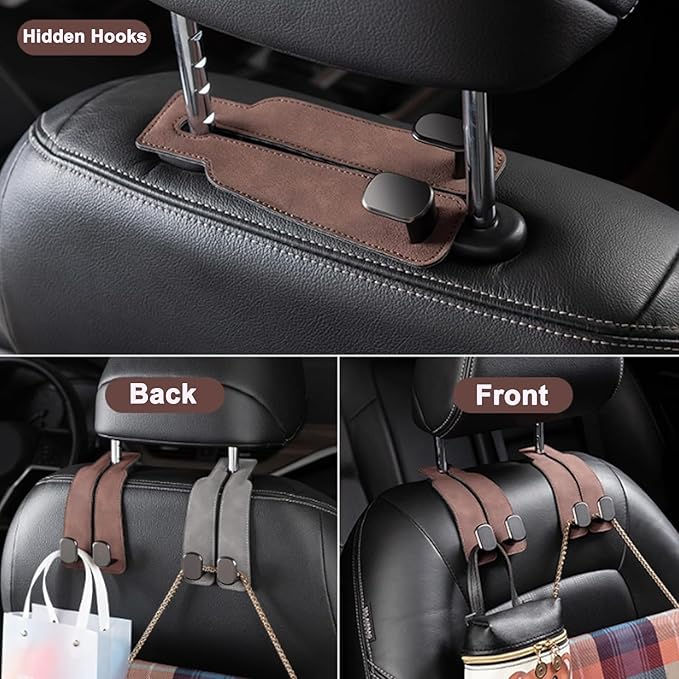 Amelity Universal Car Headrest Hooks, Women’s Car Interior Accessories for Purses Handbags Grocery & Backpacks, Brown 4 Pack