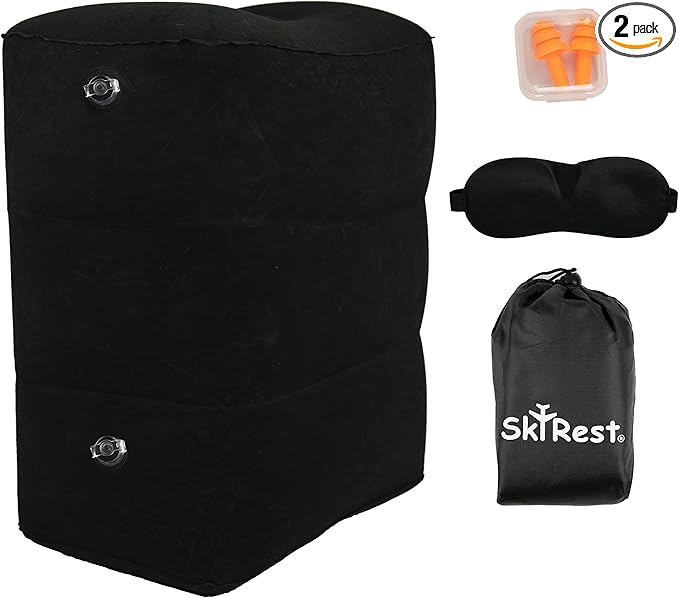 Inflatable Foot Rest Travel Pillow-Adjustable Height Airplane Footrest for Airplane Travel/Car/Train/Home/Office-Airplane Bed for Toddlers, Comfortable Seat Extender for Kids - Black, 2 Pack