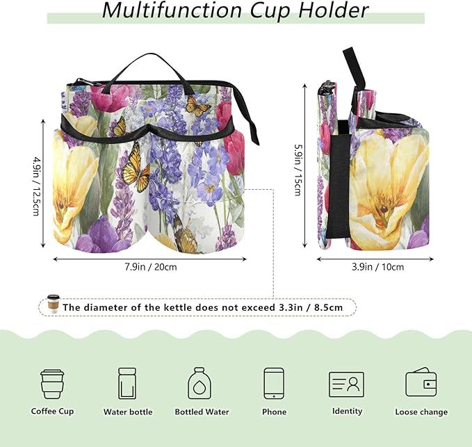 Luggage Cup Holder for Suitcases Free Hands Suitcase Cup Holder Travel Luggage Drink Holder Portable Luggage Cup Caddy Bag Carrier with Handle Tulips Lavenders Purple Butterfly