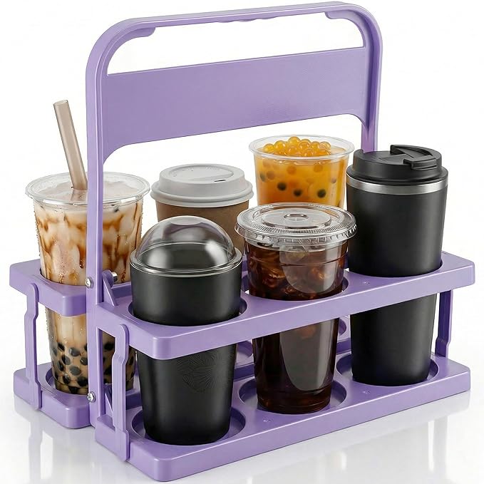 6 Cup Drink Carrier for Delivery - Foldable Drink Holder with Handle, Reusable Cup Carrier for Drinks, Portable Beverage Caddy Accessories for Parties, Camping, Car, Coffee & Bottles (Lavender)