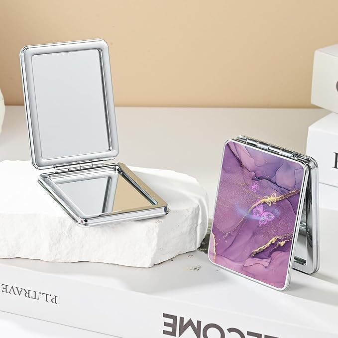 Pocket Mirror, Small Travel Mirror with Magnification, Portable Double-Sided Magnifying Cosmetic Mirror for Daily (Purple Butterfly)