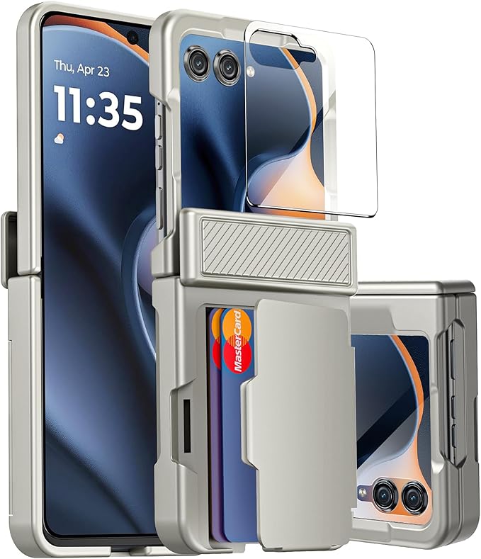 for Motorola Razr 2025 Case/Razr 2024 Case with Card Holder RFID Blocking, Built in Hinge Protection,Screen Protector,Full Body Rugged Shockproof Phone Case for Razr 2025/2024 (Titanium)
