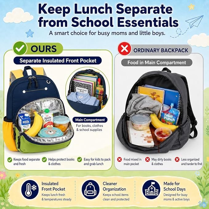 BTOOP Kids Backpack for Boys 3-6, Preschool Kindergarten Backpack with Insulated Lunch Compartment & Chest Strap, Cute Lightweight School Travel Bag Fits A4 Folder