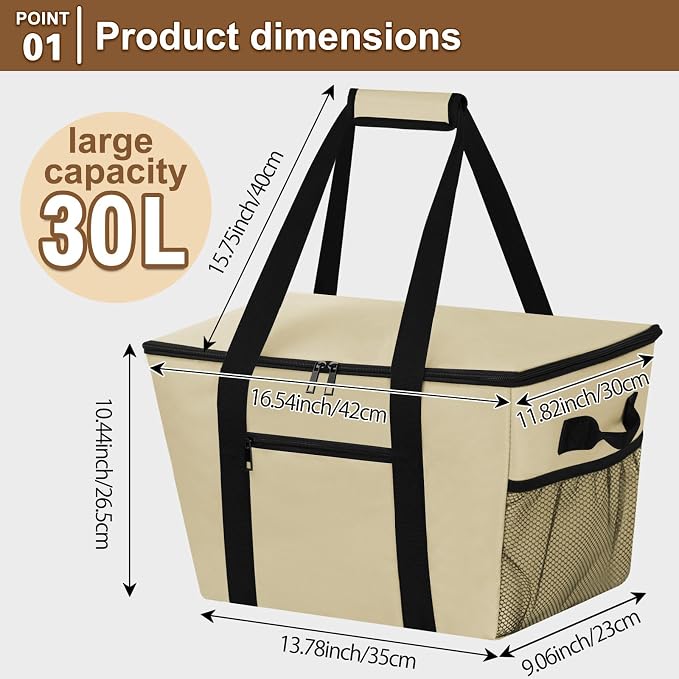 Reusable Grocery Bag – Expandable Insulated Cooler Bag with Bottom Board, Collapsible Insulated Shopping Bag with Zipper & Drawstring, Heavy Duty Tote Bag for Shopping, Delivery, Picnic, Beach
