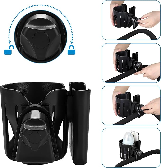 Accmor Stroller Cup Holder with Phone Holder, Universal Cup Holder for Walker Wheelchair Bike, 360° Rotatable Stroller Cup Holder Attachment Accessories for Walker, Wheelchair, Scooter