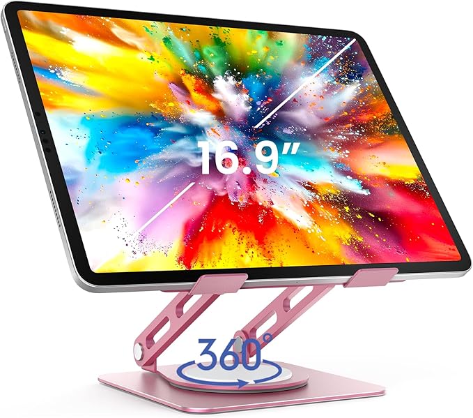 LOXP Metal Tablet Stand, 360 Rotating iPad Stand with Heavy-Duty Base, Tablet Holder Compatible with 4.7-16.9" Device, iPad Pro Air Mini, Kindle, Surface Tablet, Portable Monitors - Pink