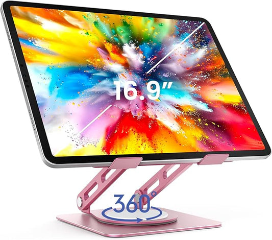 LOXP Metal Tablet Stand, 360 Rotating iPad Stand with Heavy-Duty Base, Tablet Holder Compatible with 4.7-16.9" Device, iPad Pro Air Mini, Kindle, Surface Tablet, Portable Monitors - Pink