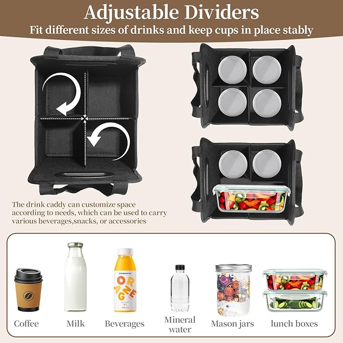 Foyego 2 Pack Drink Carrier with Handle, Reusable 4 Cup Carriers for Drinks, Portable Foldable Insulated Coffee Cup Drink Holder for Delivery and Caddy