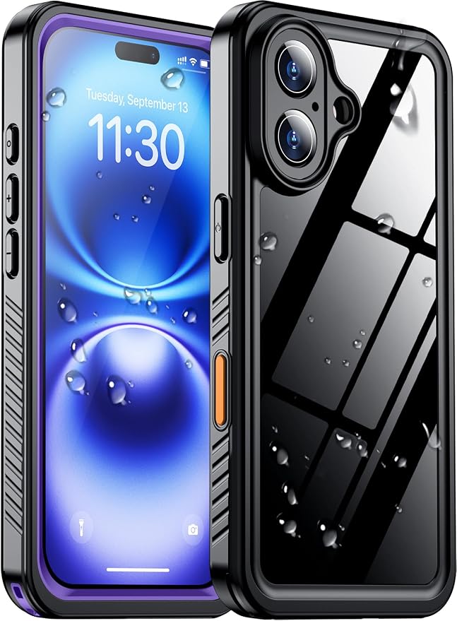 Compatible with iPhone 16 Case Waterproof, Built-in Screen & Camera Protector IP68 Underwater Full Body 16FT Military Dropproof Shockproof Phone Case 6.1"-Purple/Clear