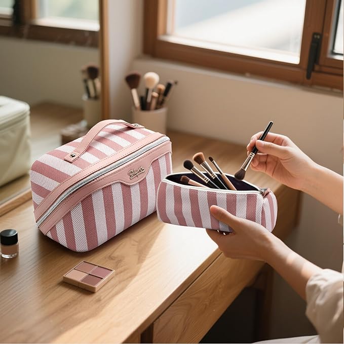 BOYATU Travel Makeup Bag Cosmetic Bag for Women: 3 Pcs Set Striped Make up Bag with Compartments - Waterproof Vegan Leather Toiletry Bags with Handle - Makeup Organizer for Travel Essentials(A-3-Pink)