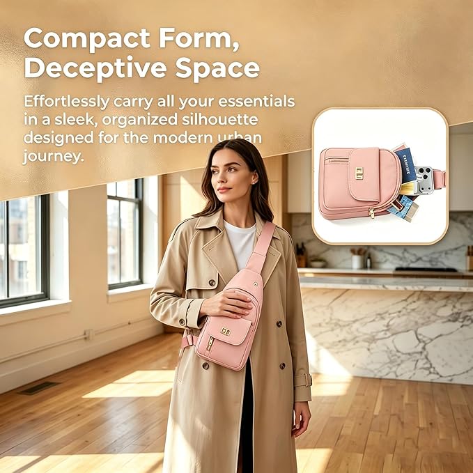 Sling Bag Small Compact Crossbody Bags for Women Anti-Theft Multiple Pockets Waterproof Fanny Pack for Travel Hiking Daily Pink