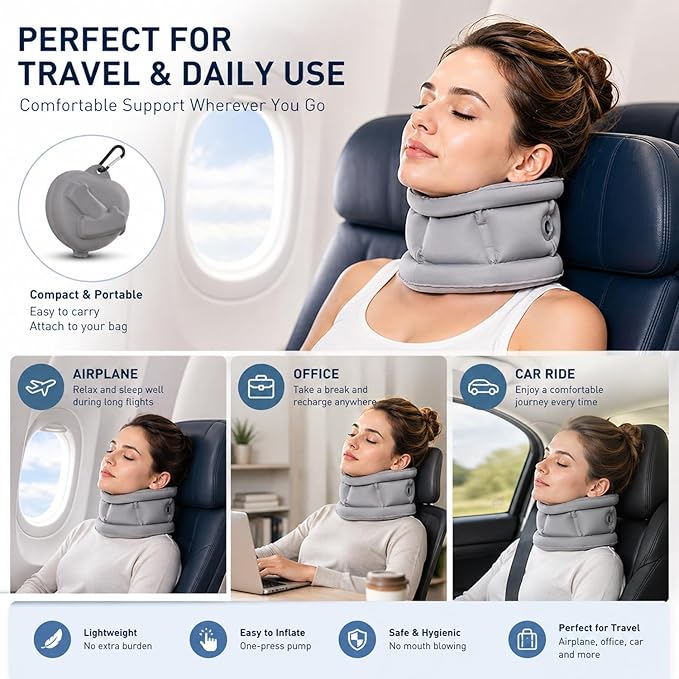 Inflatable Neck Pillow for Travel – Adjustable Cervical Support Brace for Sleeping, Posture, Plane & Office – Ultra-Lightweight, Portable & Compact – Gray Neck Support for Men & Women