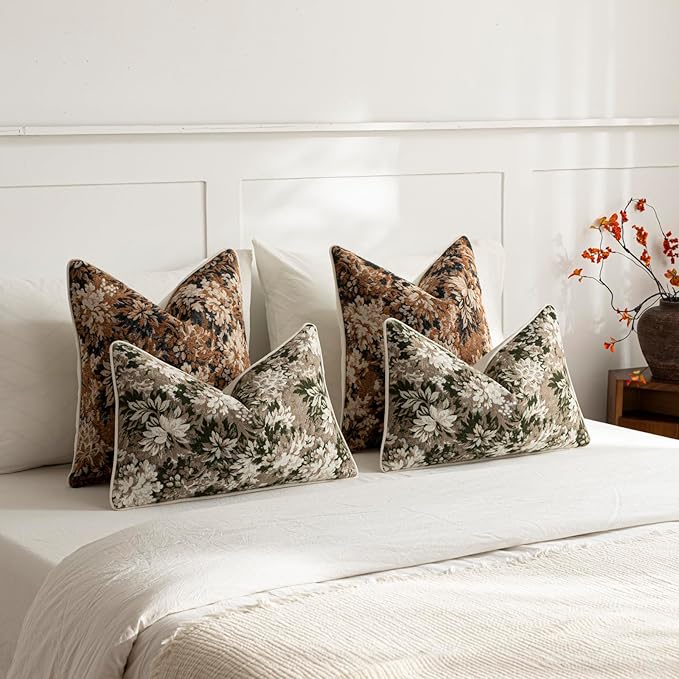 DEZENE Pack of 2 Vintage Floral Euro Sham Covers 26x26 Boho Farmhouse Accents Chenille Square Decorative Throw Pillow Cases for Living Room Couch Bed Home Decor, Cognac