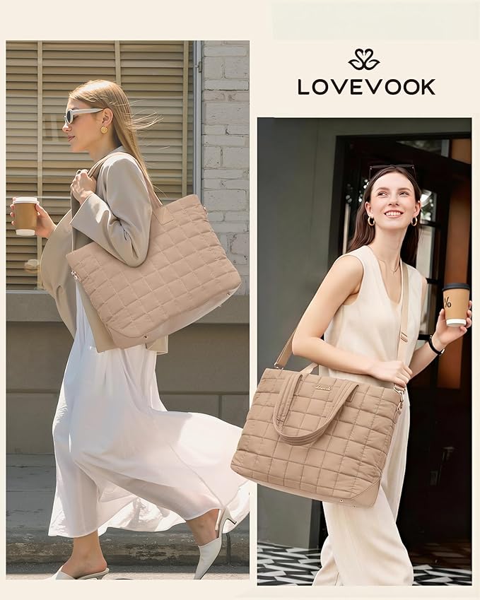 LOVEVOOK Laptop Tote Bag for Women, 15.6 Inch Large Puffer Work Computer Tote Bags for Teacher Nurse, Quilted Women's Purse Tote Shoulder Handbags with Zipper for Travel College Office, Coffee Brown