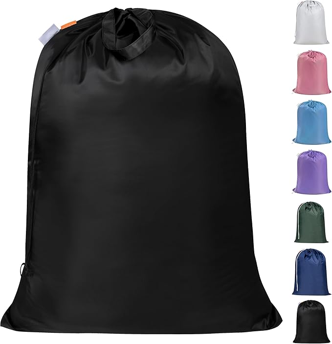 Polecasa Extra Heavy-Duty Laundry Bag 28x36”- Machine Washable Large Storage Bag with Reinforced Handles & Drawstring Closure & ID Tag for College Dorm Travel -Black