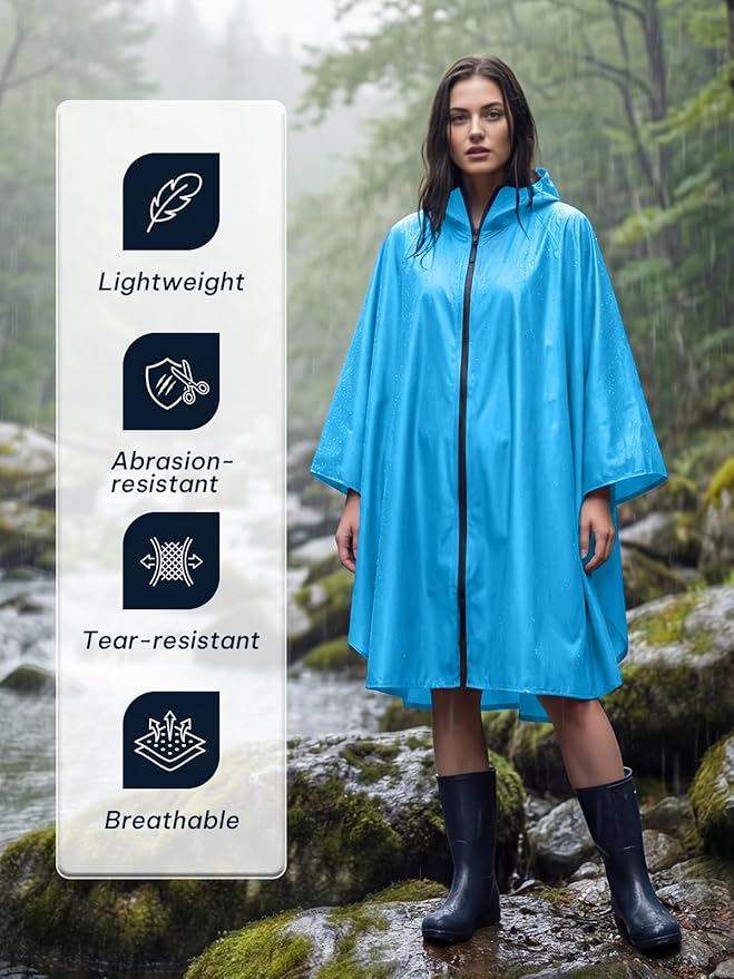SaphiRose Lightweight Waterproof Rain Poncho for Adults with Hood Portable Rainwear for Outdoor