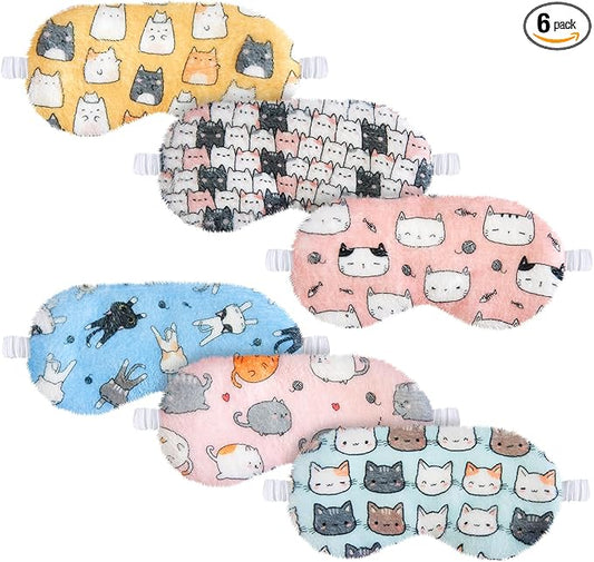 Cuffbow 6 Pack Plush Sleep Mask Set, Cute Plush Eye Masks for Sleeping, Soft Comfortable Travel Nap Blindfold, Sleepover Party Favors for Women(Cat,Colorful)