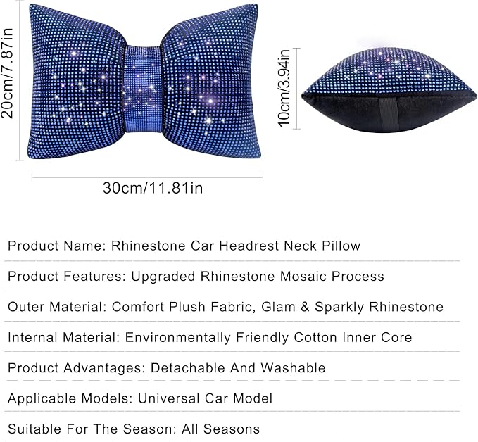surpassme 2PCS Rhinestone Car Headrest Neck Pillow for Driving with Bling Bling Crystal Bow Pillow Car Accessories for Women (Blue)