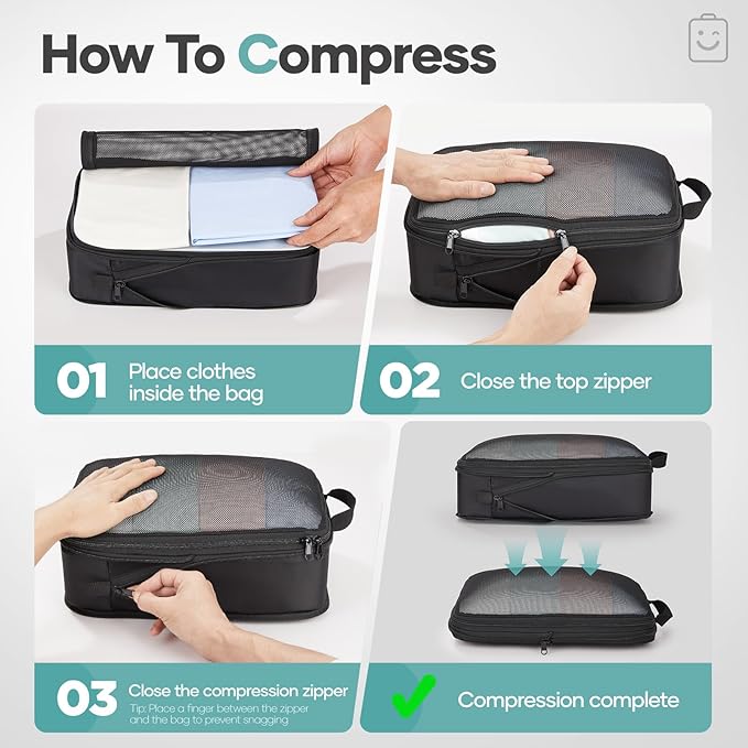Veken 10 Set Compression Packing Cubes for Travel Essentials,Compressible Expandable Large Luggage Suitcase Organizer Bags for Clothing,Durable Space Saver Storage Bags with Toiletry Bags(Black)
