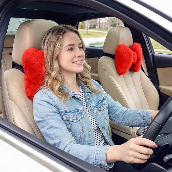 Macarrie 2 Pcs Car Neck Pillow Velvet Bow Headrest Pillow Soft Comfortable Seat Neck Support Cute Bow Car Accessories for Driving Travel Driver Chair Girl Style Interior Decor(Solid,Red)