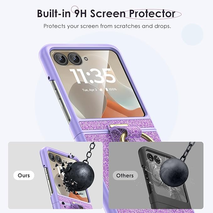 Maxdara for Motorola Razr 2026/2025/2024 Case with Ring [Not Fit Razr Plus or Ultra], Bling Luxury Slim Moto Razr 2025 Case with Built-in Screen Protector (Glitter Purple)