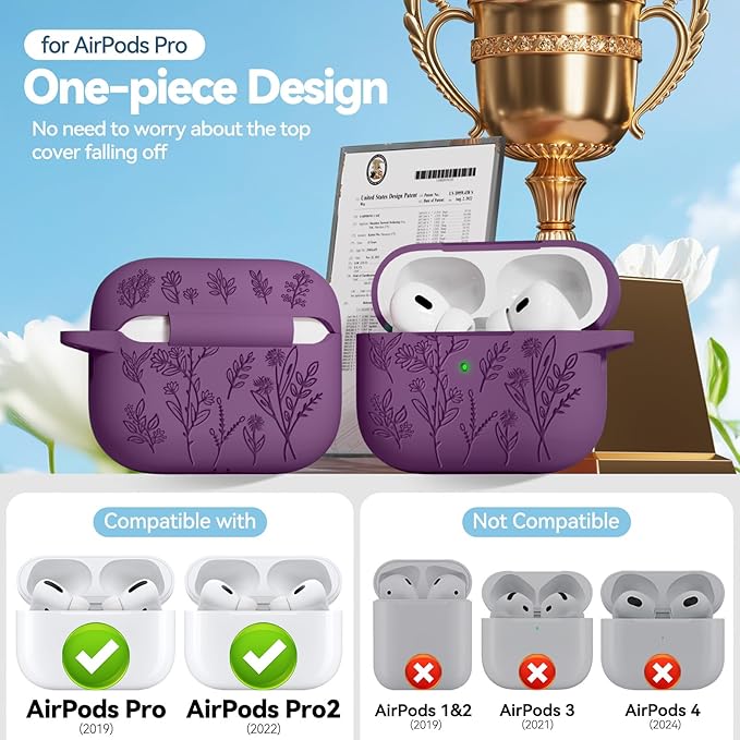 for AirPods Pro 2 Case, Ekoonpft Silicone AirPod Pro Cases with 3-in-1 Cleaning Kit & Keychain, Flower Engraved Cover for Apple AirPods Pro 2nd/1st Generation, Shockproof & Anti-Scratch