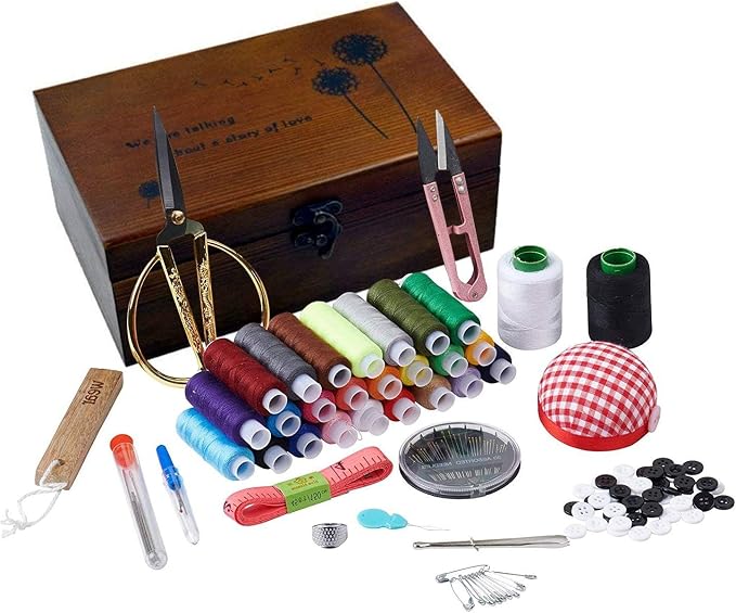 Sewing Kit, Wooden Sewing Kit Box for Adults, Wooden Sewing Basket with Accessories, Home Sewing Basket Stitching Repair Kit for Beginner, Women, Men,Vintage Embroidery Scissors Kit (Retro Brown)