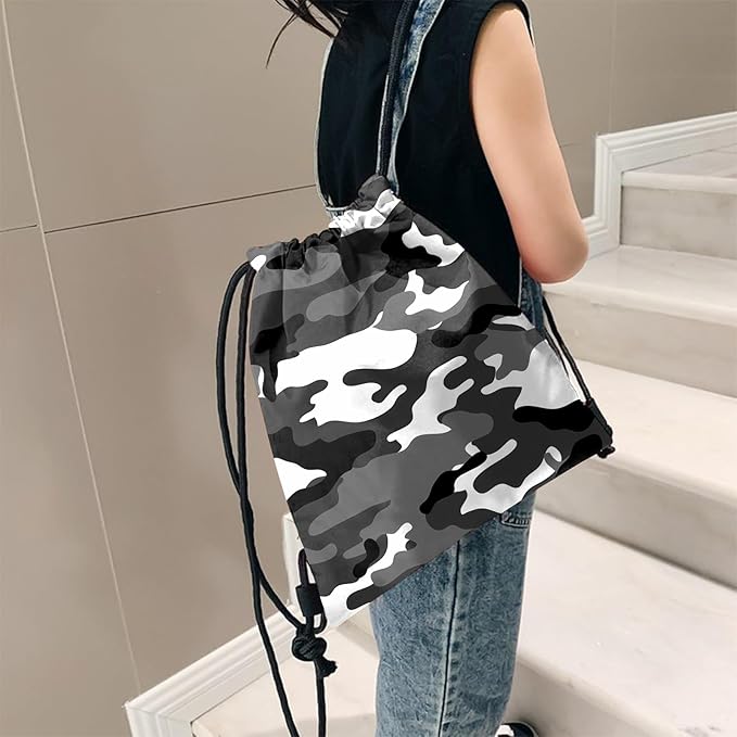 Drawstring Backpack for String Bag Waterproof Cute Sports Beach Swimming Travel (13"×17")-Black Camouflage
