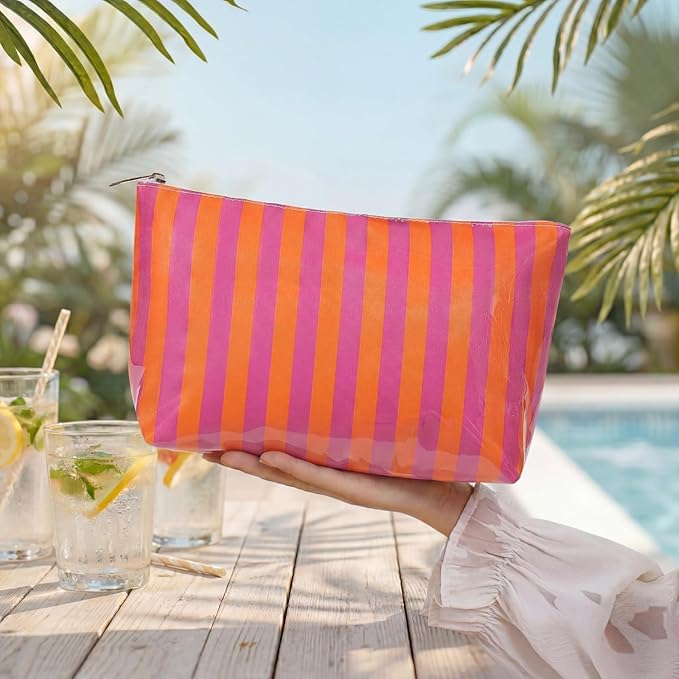 Large PVC Waterproof Striped Makeup Bag,Clear Coated Cosmetic Bags,Easy to Clean,Travel Organizer Zipper Pouch Beach Vacation Essentials for Women Girls(11Orange Purple)