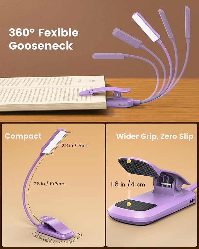 Glocusent 13 LED Rechargeable Book Light for Reading at Night, Eye-Caring 3 Amber Colors & Stepless Dimming, Lasts 1 Week to 2 Months, Travel Clip on Lamp, Gifts for Book Lovers, Men, Women & Kids