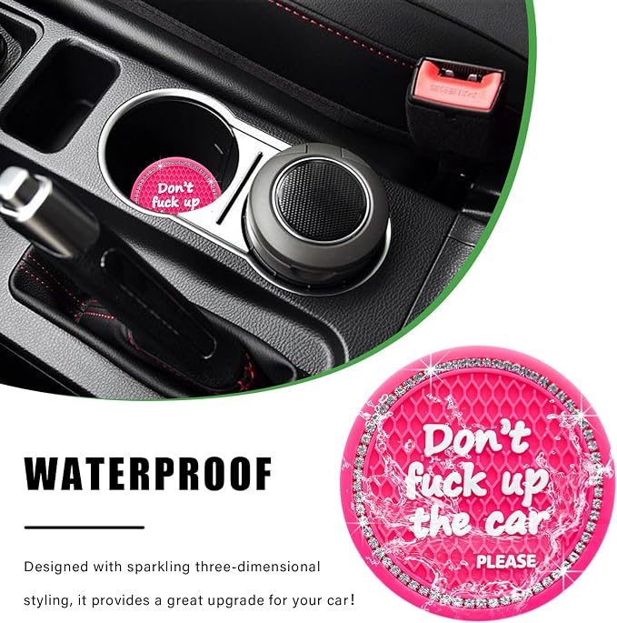 Ziciner 2 Pack Bling Car Cup Holder Coaster, 2.75 Inch Anti-Slip Auto Insert Cup Coaster, Crystal Car Drink Cup Mat Perfect for Women Girls, Universal Interior Decor Accessories (Rose Red)