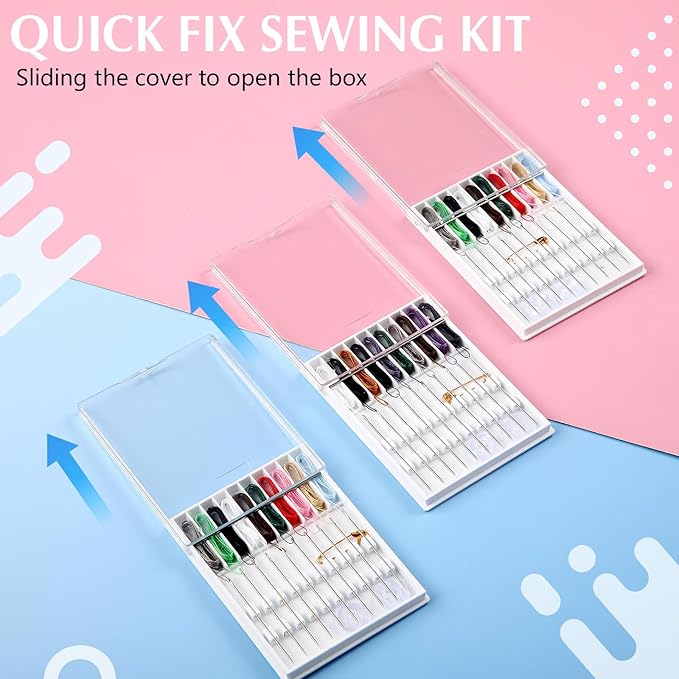 MTLEE 28 Boxes 280 Pieces Mini Quick Fix Sewing Kit Easy Pre Threaded Needle Basic Personal Kit Plastic Threaded Needle Holder Small Home Travel Sewing Box with Pin Button Classic Color