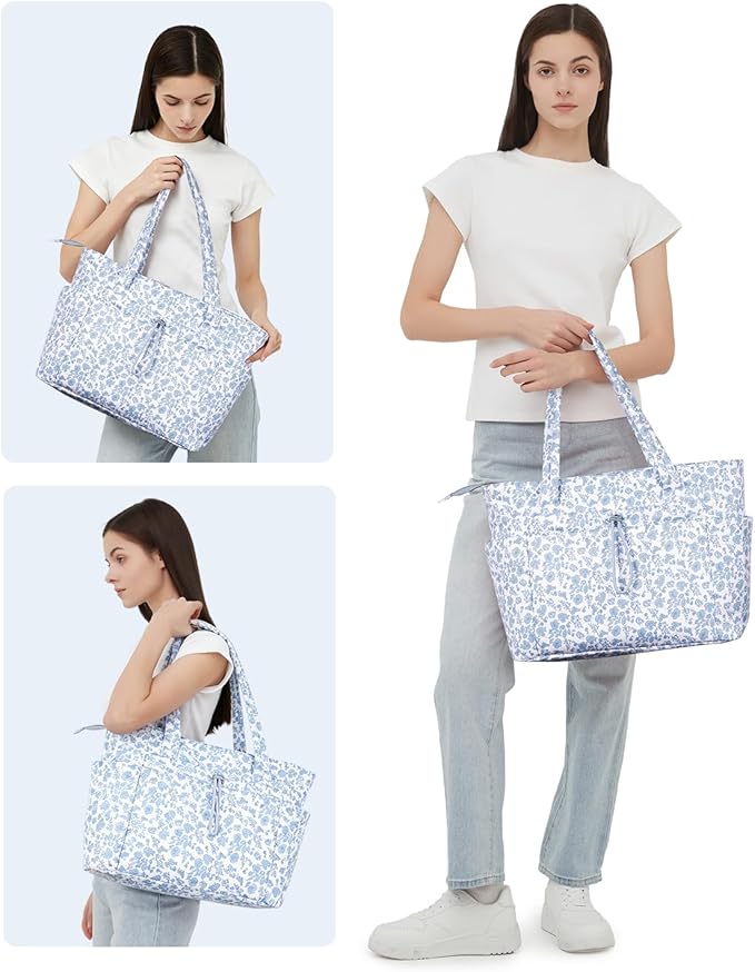 Wandering Nature Puffer Tote Bag with Cup Holder & Laptop Compartment & Trolley Sleeve for Travel, Work, Nurse, Women