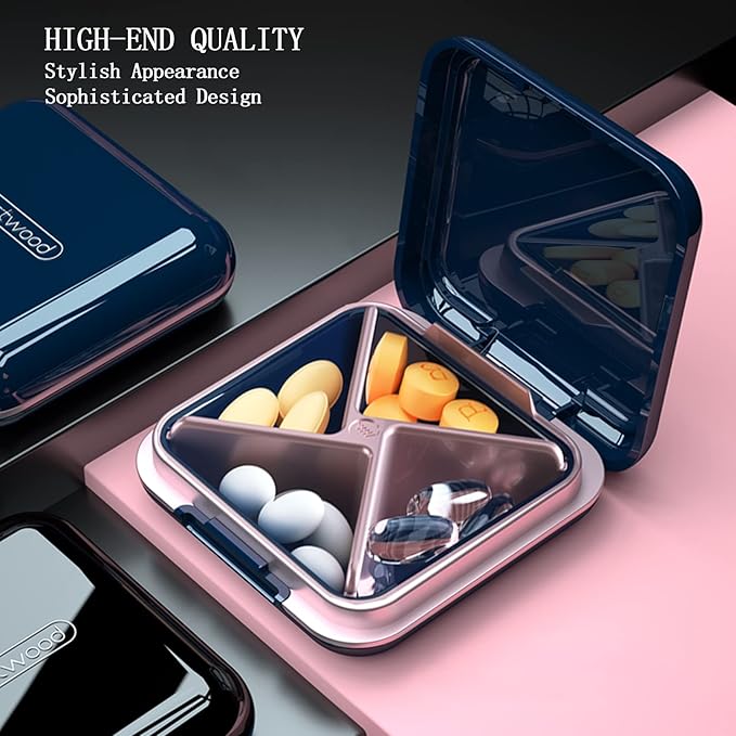 DUBSTAR Small Pill Box for Purse, Moisture Waterproof Travel Pill Case with 4+6 Compartments, Daily Pill Organizer for Vitamins & Medication (SL-Blue)