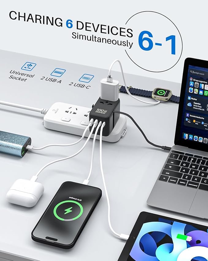 DOACE 100W GaN Universal Travel Adapter, 6-in-1 International Power Adapter, European Travel Plug with Built-in USB-C Cable, Fast Charging, Worldwide for EU UK US AUS, Travel Essentials (Black)