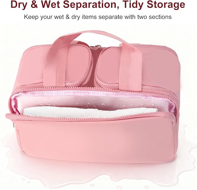 Travel Makeup Bag, Portable Travel Bag with Hanging Hook for Women, Waterproof and Hanging Toiletry Bags Travel Organizer Accessories for Travel Essentials,Dark Pink