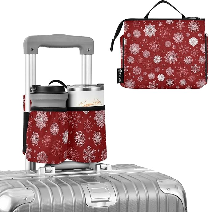 Luggage Cup Holder for Suitcases Free Hands Suitcase Cup Holder Travel Luggage Drink Holder Portable Luggage Cup Caddy Bag Carrier with Handle Red Christmas Snowflakes