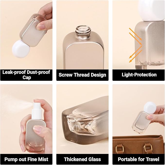 Segbeauty 1oz Fine Mist Glass Spray Bottles Small, 2pcs Square Silver Travel Size Perfume Sprayer Refillable Liquid Container with Round Cap, 30ml Mini for Empty Cologne Bottle Atomizer Sprayer Travel