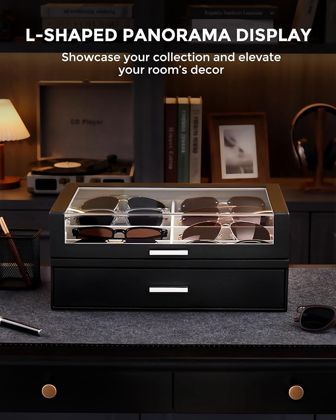 ProCase 16 Slots Sunglasses Box Organizer with L-Shaped Clear Lid, Multiple Pairs Glasses Display Holder Eyewear Eyeglass Eye Glass Storage with Drawer for Men -Black