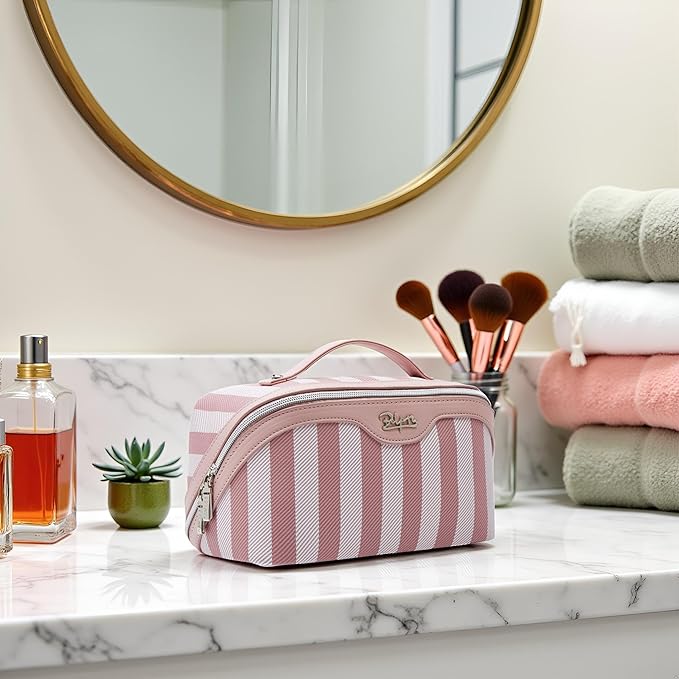 BOYATU Travel Makeup Bag Cosmetic Bag for Women: 3 Pcs Set Striped Make up Bag with Compartments - Waterproof Vegan Leather Toiletry Bags with Handle - Makeup Organizer for Travel Essentials(A-3-Pink)