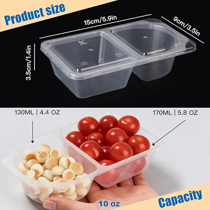 20 Pack 10 OZ Reusable Snack Containers with Lids,Disposable 2-Compartment Snack Pack Containers,Meal Prep Containers for Adults,Sauce Food Container Portion Control Containers for Travel Picnic Work