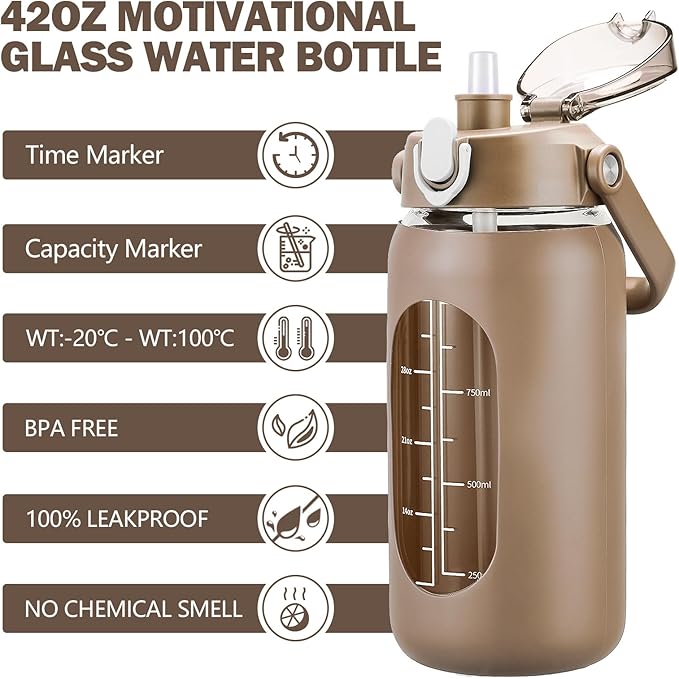 42oz Glass Water Bottles with Straw, Motivational Glass Bottle with Silicone Sleeve and Time Marker, Leakproof Large Glass Water Jug for Gym Home Office,Amber