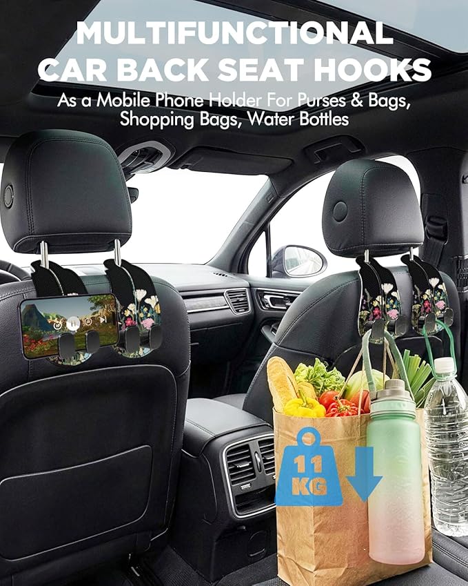 WOCOCN Purse Holder for Car, 2 Pack Heavy Duty Purse Hanger for Car, PU Leather Car Seat Hooks for Purses and Bags, Cute Floral Headrest Organizer for Handbags & Backpacks