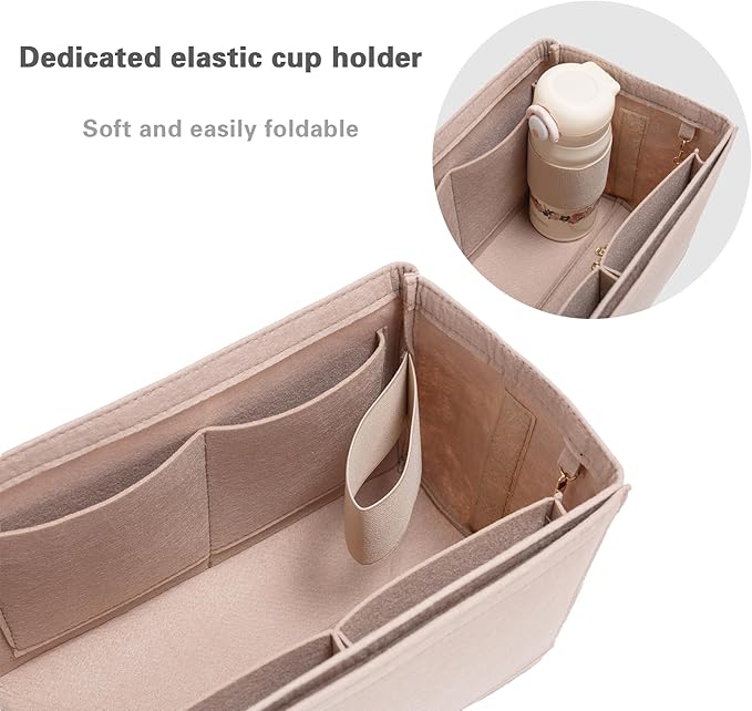 Purse Organizer Insert, Handbag Organizer with Zipper, Tote Shaper with Cup Holder & Keychain, Compatible with LV, Neverfull, MK, COACH, Longchamp, Kate Spade – Red-Lg