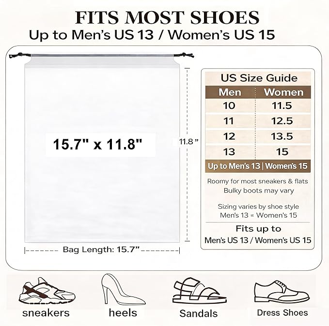 18 Pack Clear Shoe Bags for Travel Essentials, 15.7"×11.8" PEVA Drawstring, Water-Resistant, Fits up to Men’s 12–13, Reusable Storage for Clothes & Toiletries, Keep Luggage Tidy & Odor-Free