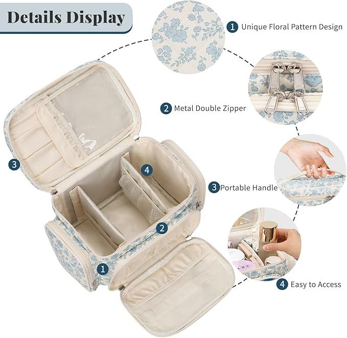 Bagmoly Large Cotton Makeup Bag, Quilted Floral Makeup Bag Organizer for Women Girls with Makeup Brush Compartment & Two Side Pockets, Cosmetic Travel Bag Vertical Storage- Blue Flower