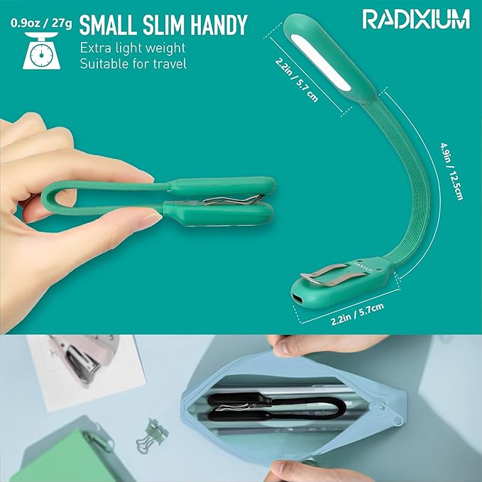 Rechargeable Book Light for Reading in Bed, 4 Color Temperatures Eye-Caring LED, Portable Clip On Reading Light with Magnetic Base, Hands-Free for Travel, Night Reading (Green)