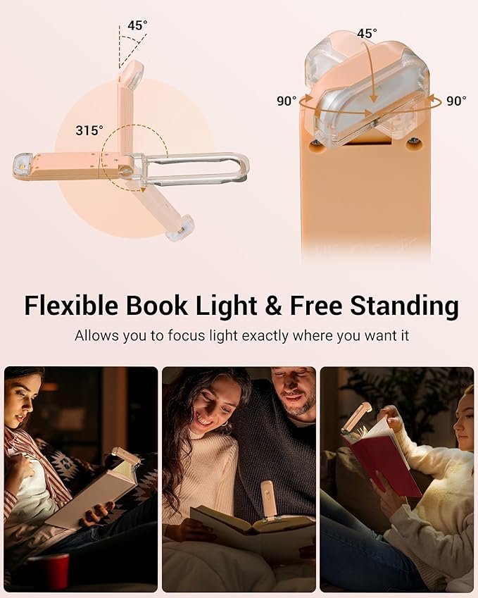 DEWENWILS USB Rechargeable Book Light for Reading in Bed, Clip-on LED Reading Lamps Portable Bookmark Lights for Kids, Book Lovers, Warm White, Brightness Adjustable for Eye Protection (Mocha)