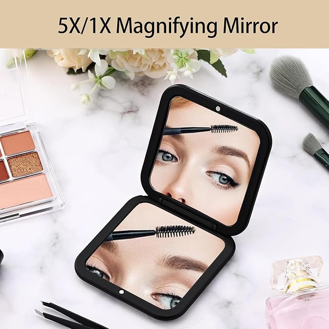 CYHTSHFZ Small Compact Mirror for Purse,5X/1X Travel Magnifying Mirror for Women, Makeup Mirror for Girls, Portable Ultra Slim Pocket Mirror（Black）